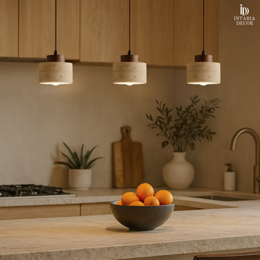 Minimalist stone cord pendant light with LED bulb