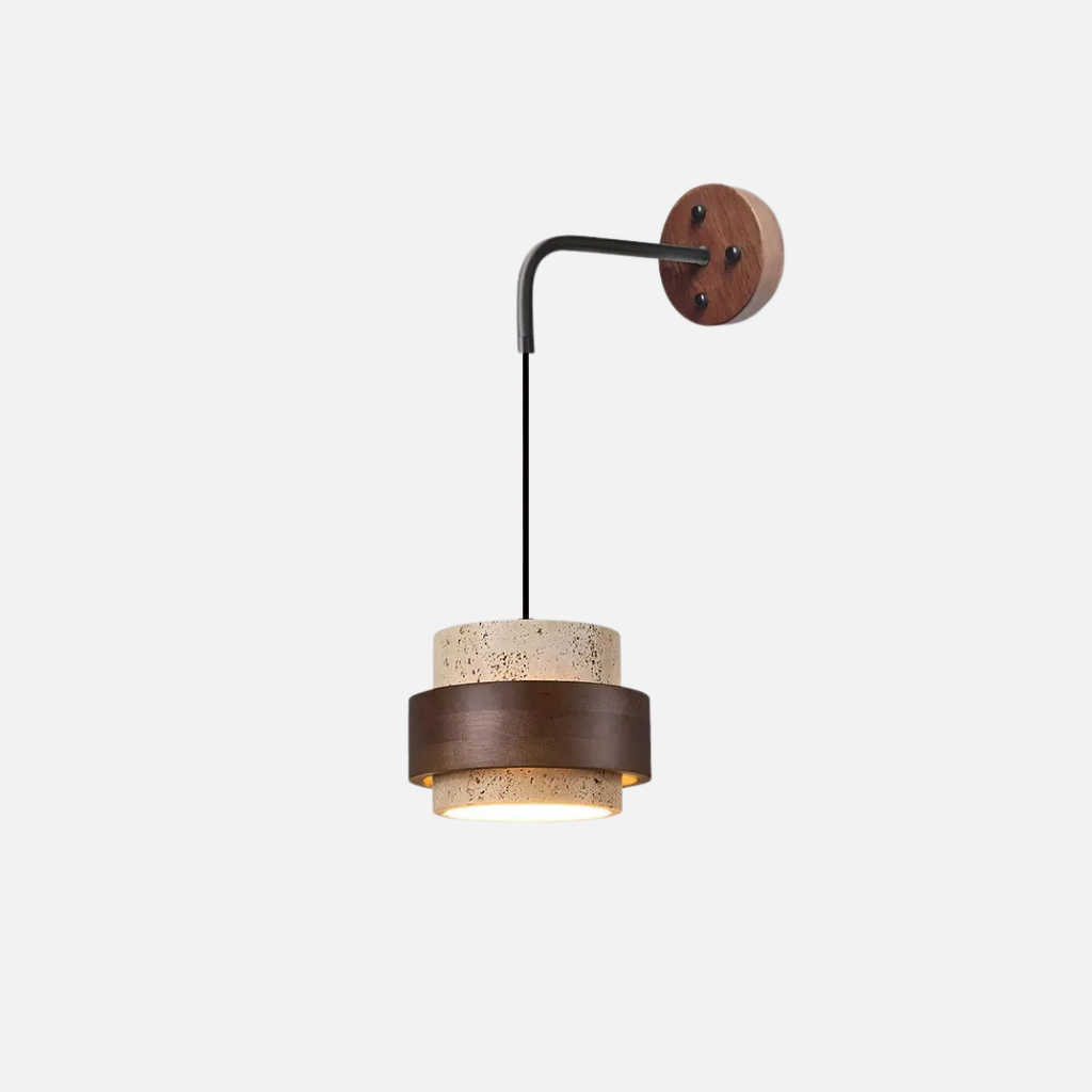 Korva Wall Lamp – modern stone, wood & steel wall-mounted LED light for living room and bedroom décor.