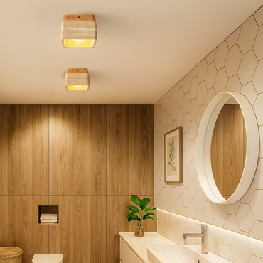 Modern natural wood and stone ceiling-mounted light