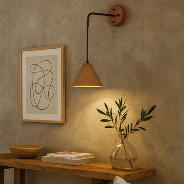 Stone and wood wall-mounted Pyra lamp with steel finish