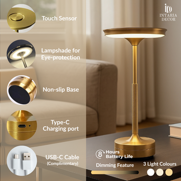 Rechargeable cordless bedside lamp with modern acrylic and aluminum design