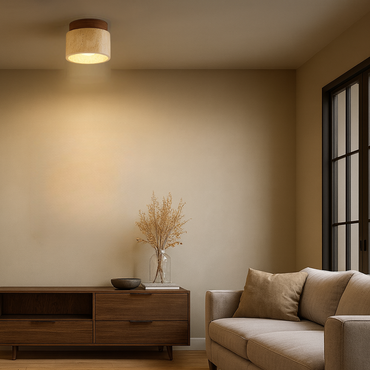 Modern ceiling-mounted light in natural stone and wood for living room