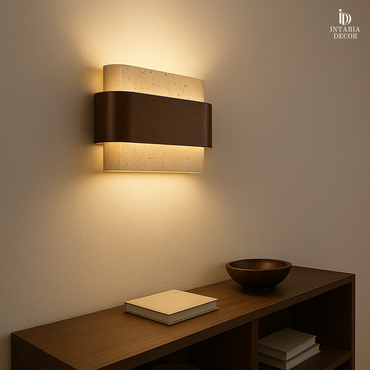 Rustic stone and wood wall sconce with LED bulb