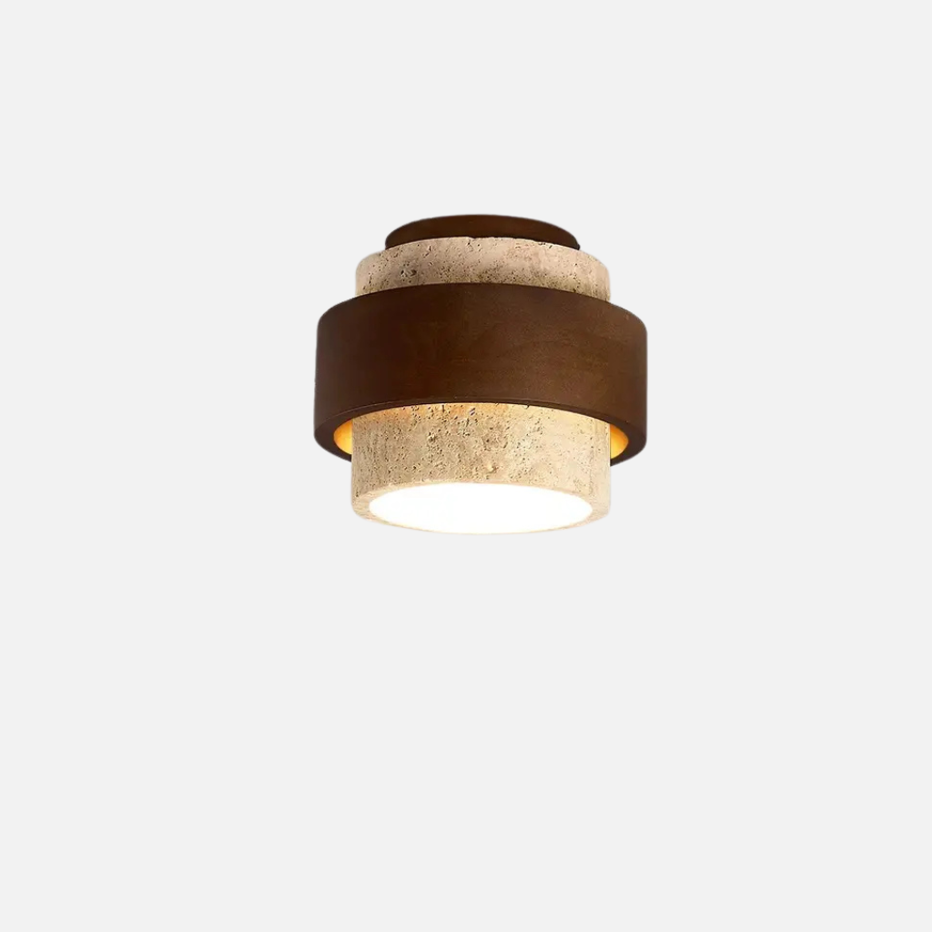 Aurex ceiling light fixture made of stone and wood with LED bulb installed on ceiling