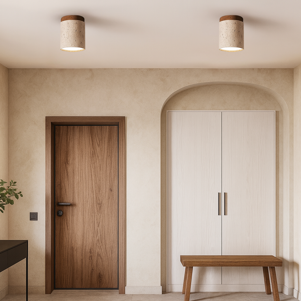 Modern ceiling-mounted LED light in stone and wood design