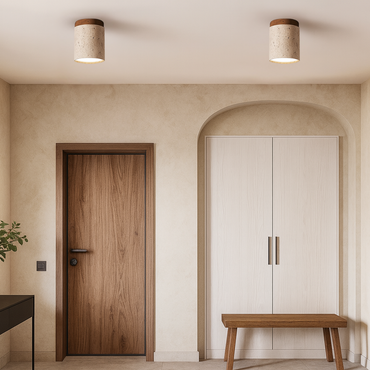 Modern ceiling-mounted LED light in stone and wood design