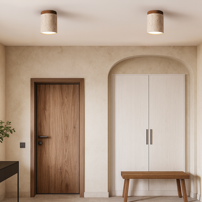 Modern ceiling-mounted LED light in stone and wood design
